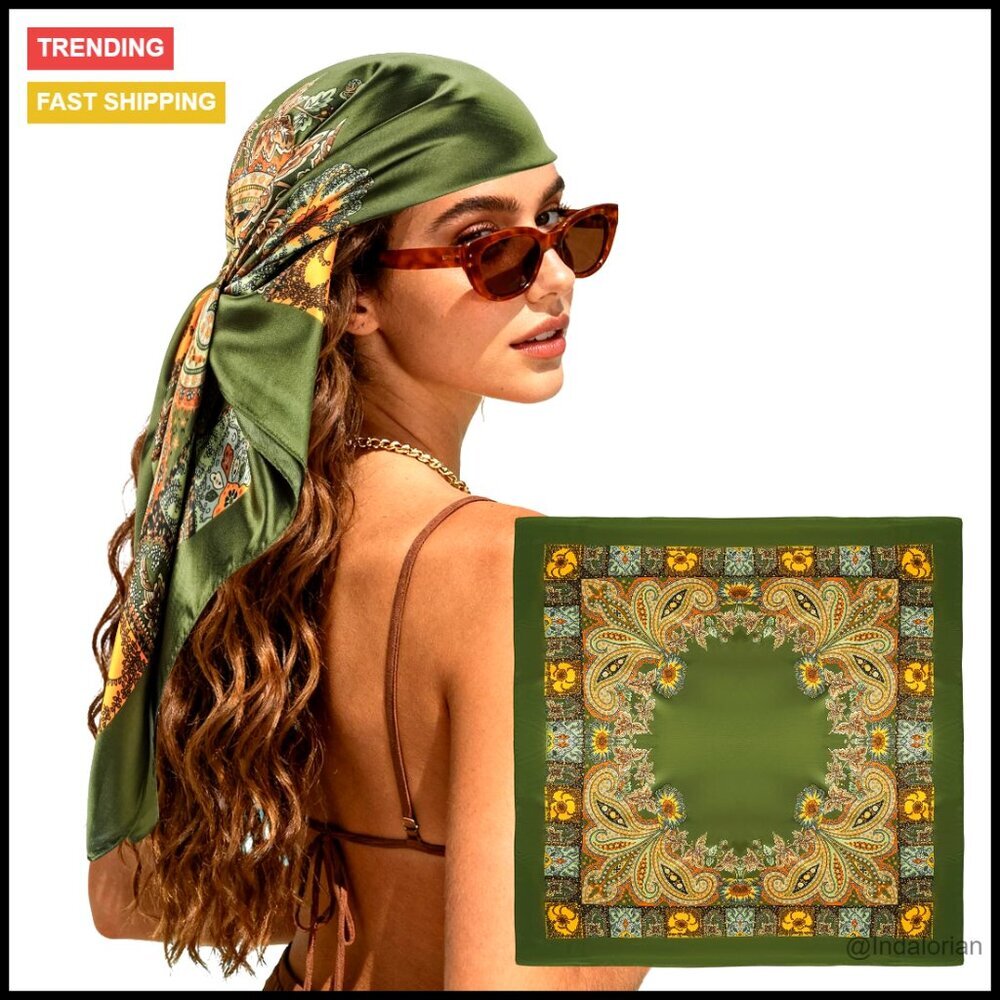 Large Square Satin Hair Scarf Boho Vintage Silk-Like Head Wrap Bandana
